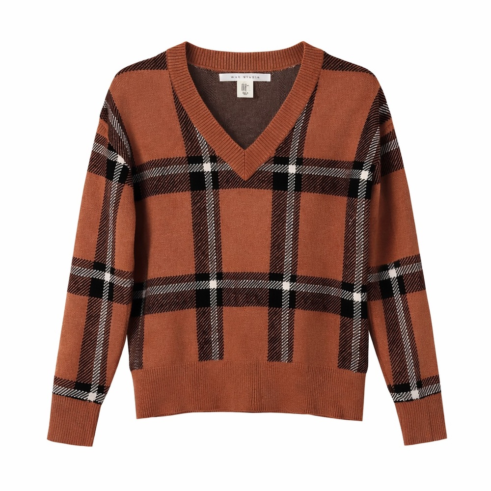 Max Studio Plaid V-Neck Sweater Brown Black XS - Picture 7 of 9